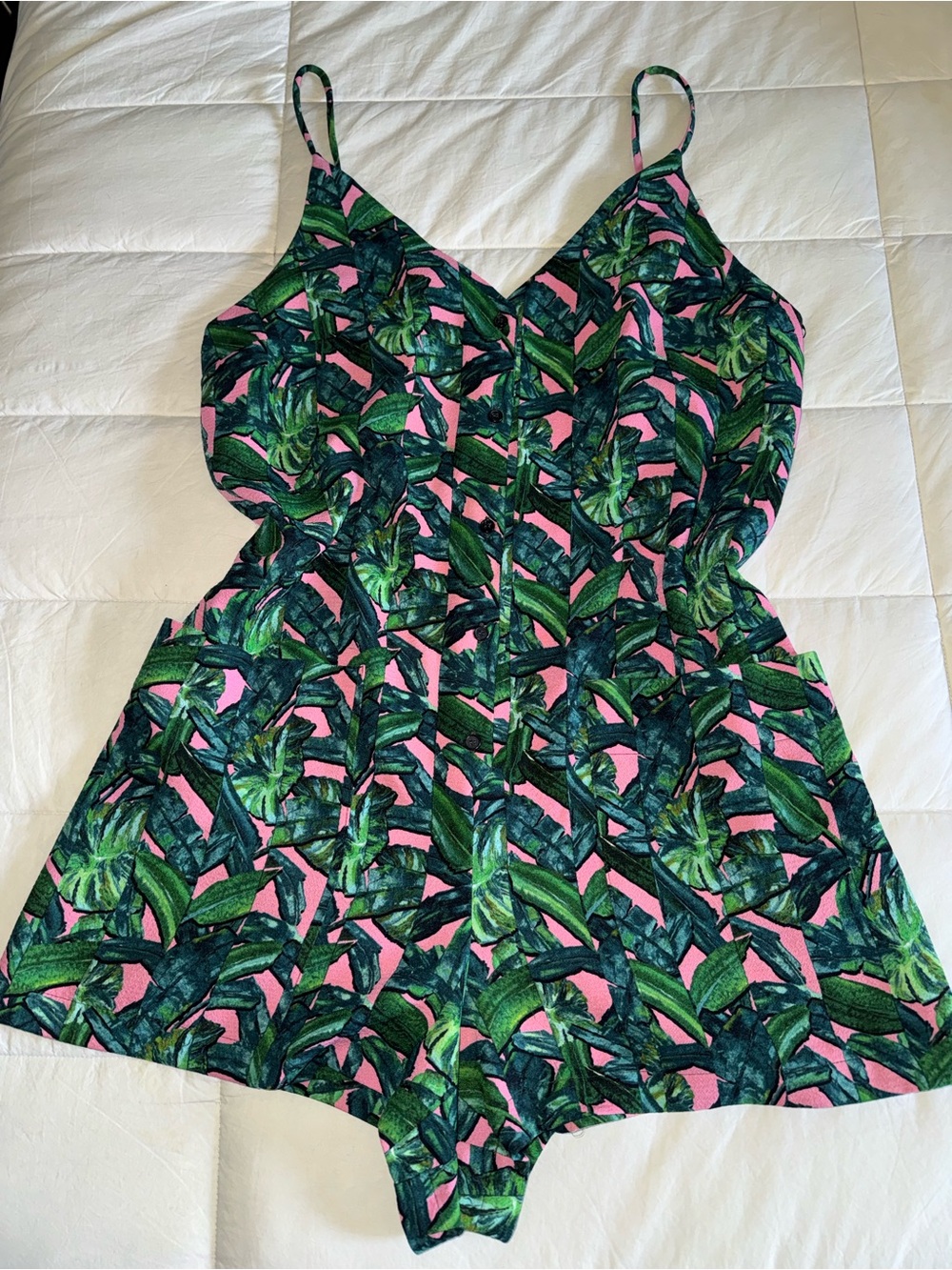 Topshop Pink Playsuit with Green Tropical Leaf Print